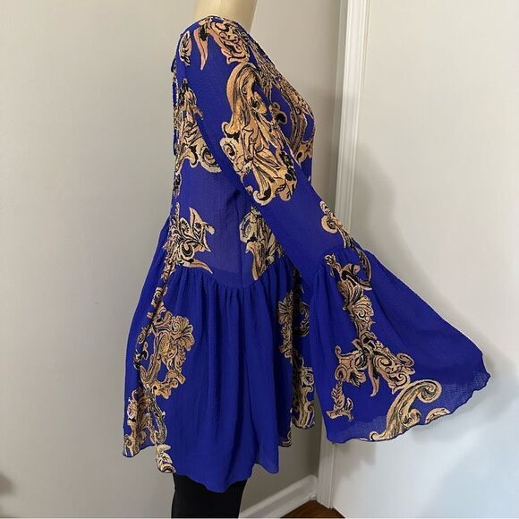 Free People Intimately Size Small Royal Blue Gold Sheer Dress Cover Up Oversized - Picture 8 of 9